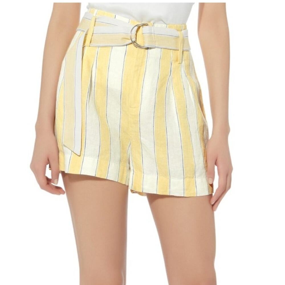 Frame 100% Linen Shorts Belted Striped Yellow White Size 12 NEW